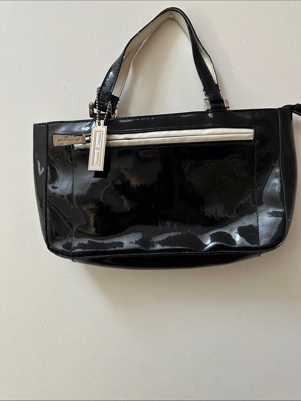 Frankie & Johnnie Black Patent Shoulder Bag with White Trim and Tag Accent